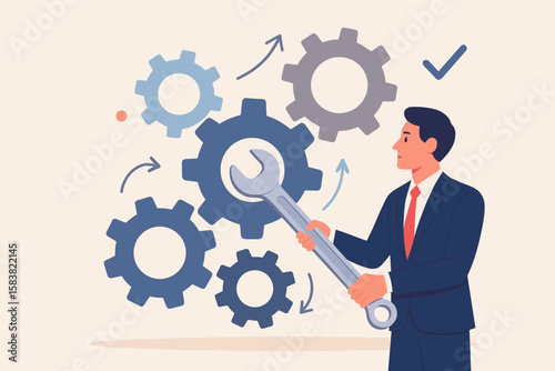 Businessman with wrench adjusting gears. Business improvement, optimization, and maintenance concept. Fine-tuning for efficiency, repair service, and smooth workflow strategy.
