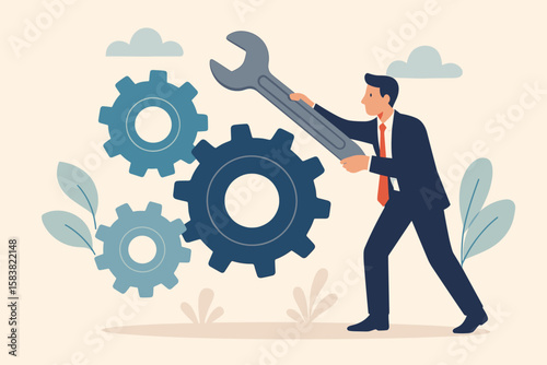 Business improvement and optimization concept. Businessman with wrench fixing gears. Metaphor for repair, maintenance service, strategy adjustment, and finding a solution.