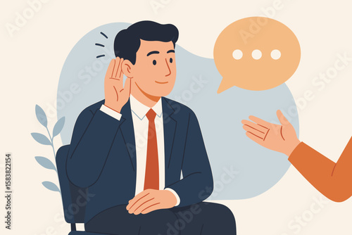 Active listening for effective communication in business. Businessman in discussion, paying attention to conversation. Concept of empathy, understanding, and professional focus.