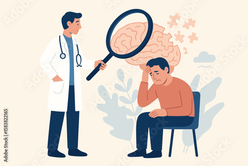 Doctor with magnifying glass examines patient's brain puzzle. Metaphor for dementia, amnesia, Alzheimer's disease. Concept for memory loss, mental illness, and anxiety.