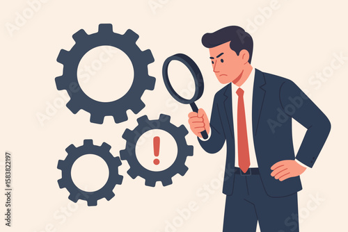 Problem analysis concept. Businessman with magnifying glass inspects gears. Find and fix business issue for smooth workflow. Project management and process improvement metaphor.