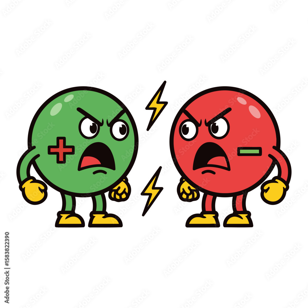 Obraz premium Flat Vector of Plus and Minus Emoji Characters Arguing – Cartoon Green and Red Symbols with Arms, Legs, Big Eyes, and Lightning Bolts Between Them on Clean White Background