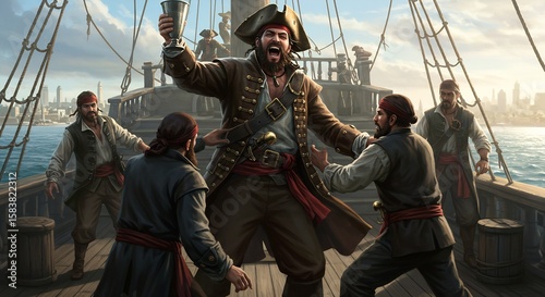 A Joyous Pirate Captain Celebrates Victory with His Crew Aboard a Ship at Sea, Surrounded by City Skyline
