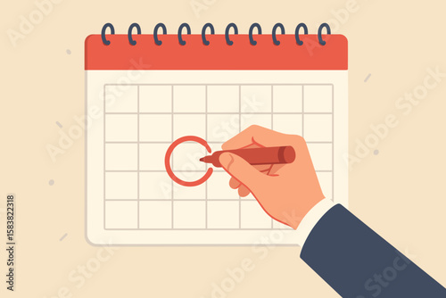 Calendar date event reminder for a meeting schedule or an appointment. Work deadline mark or weekly plan. Important business date concept. A businessman's hand circles a date.