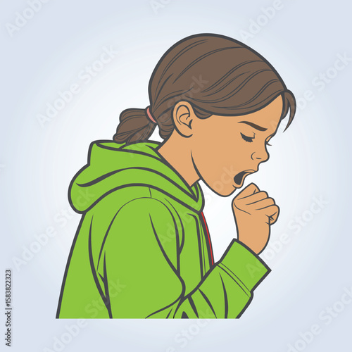 An illustration of a girl coughing and wearing a green hoodie