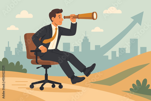 Career future and new job opportunity concept. Visionary businessman on office chair with telescope for success. Work strategy, ambition, and leadership for growth.