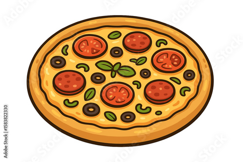 Cartoon delicious pizza vector illustration. Italian fast food meal with pepperoni, tomato, cheese and olives. Pizzeria menu design element. Tasty junk food snack icon isolated.