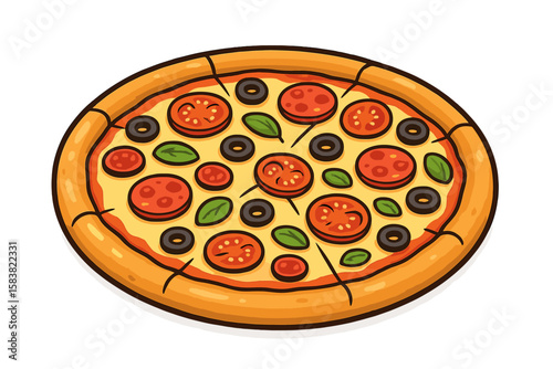 Cartoon pizza vector illustration. Delicious Italian fast food with pepperoni, tomato, and olives. Freshly baked meal icon for pizzeria menu or delivery design. Isolated.