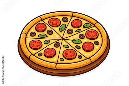 Delicious cartoon pizza vector illustration. Italian fast food with pepperoni, olives, and cheese. Whole sliced pizza icon for menu, delivery service, or restaurant.
