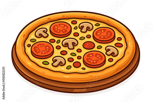 Cartoon delicious whole pizza with mushrooms and tomatoes. Italian food vector illustration for menu, sticker, or icon. Isolated on transparent background. Fresh bake.