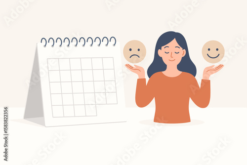 Emotional intelligence and balance concept. Woman controls mood, choosing between happy and sad face. Calendar for mental health tracking, self-awareness, and emotion regulation.