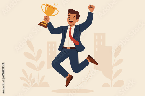 Happy businessman celebrating work achievement and success. Man jumping with joy holding a winning trophy. Concept for victory in business competition, winning a prize or award.