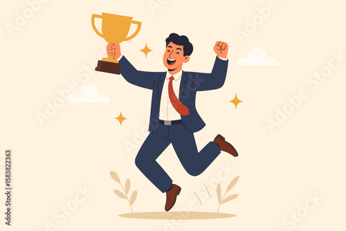 Celebrate work achievement, success or victory. Winning prize or trophy. Business competition concept. Happy businessman holding and jumping with a golden winning trophy.