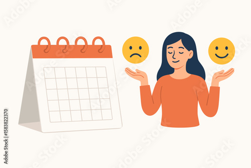 Emotional intelligence concept. Woman balancing happy and sad emoji. Mood tracking calendar. Mental health and psychology. Self awareness, emotion control and wellbeing.