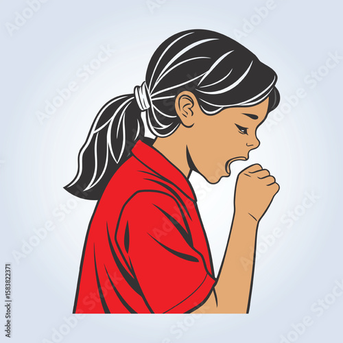 An illustration of a girl coughing and wearing a red shirt