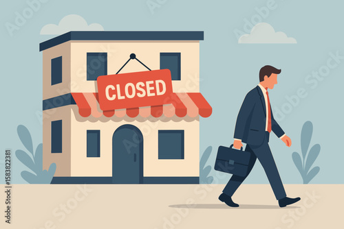 Store closing down. Sad businessman walking away from closed shop. Metaphor for going out of business, bankruptcy, financial crisis, economic recession, and unemployment.