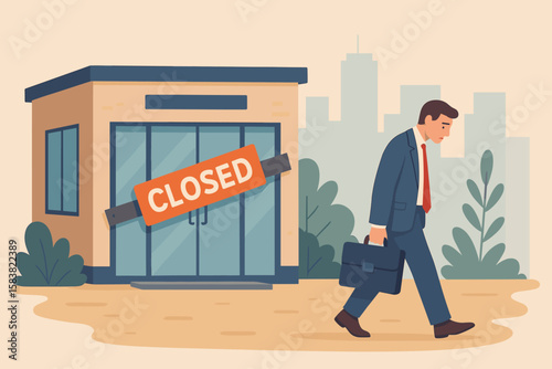 Sad businessman leaves closed office. Business closure, company bankruptcy concept. Store closing down, owner out of business. Unemployment, job loss from recession.