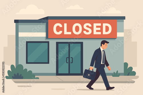 Businessman walking away from a closed office. Concept of business closure, company going out of business, and store shutting down. Metaphor for economic recession and crisis.
