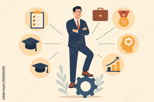 Competence, skills, and ability for work. Professional with experience and qualifications for job and career development. Concept of business success, growth, and achievement.