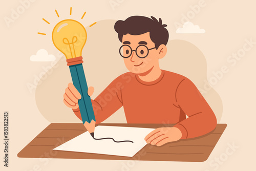 Copywriter or blogger creative idea. Inspiration to begin writing. Imagination to success in work. Talent and skill concept. Smart man writing with a big pencil lightbulb.