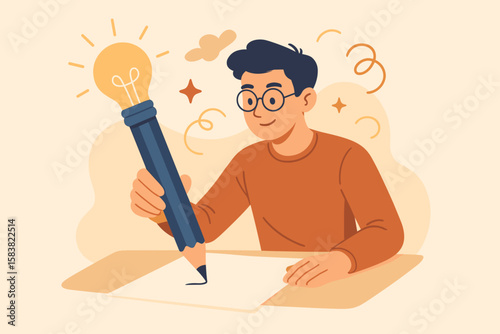 Copywriter with a creative idea. Man holding a big pencil with a lightbulb head. Concept of inspiration, imagination, talent, skill for writing, blogging, and success.