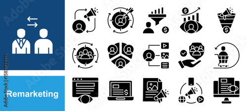 Remarketing icon set with Retargeting, Conversion, Target audience, Customer retention, Display ads, Engagement