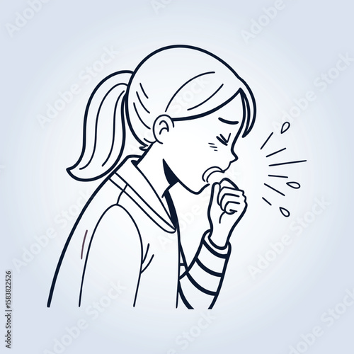 An illustration of a girl coughing, line art