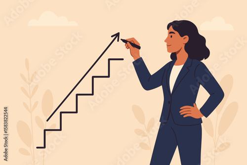 Businesswoman draws stairs with an upward arrow, a metaphor for career growth, personal development, and success. Concept for leadership, ambition, and self-improvement.