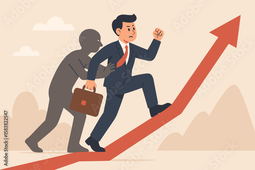 Courage and determination concept. Businessman pushed by shadow to overcome challenges. Pushing yourself for success, self-belief, and career aspiration metaphor.