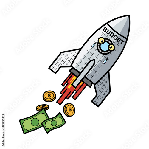 Flat Vector of Cartoon Rocket Made of Budget Spreadsheets, Leaking Coins and Bills with Bar Chart Flames – Symbolizing Financial Loss on White Background