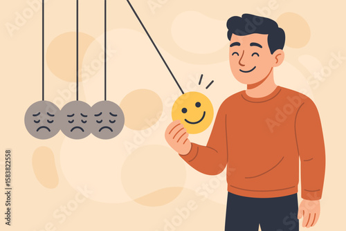 Positive Thinking and Emotional Intelligence Concept—Man Holding Smiling Face Pendulum, Inspiring Happiness, Mood Balance, Mental Health, Optimism, Motivation, Sadness to Joy Transition