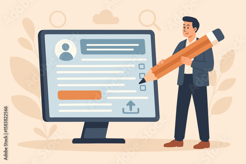 Online job application, digital employment submission form, candidate recruitment, job search, resume and CV upload, businessman filling online form, career opportunity, human resources concept
