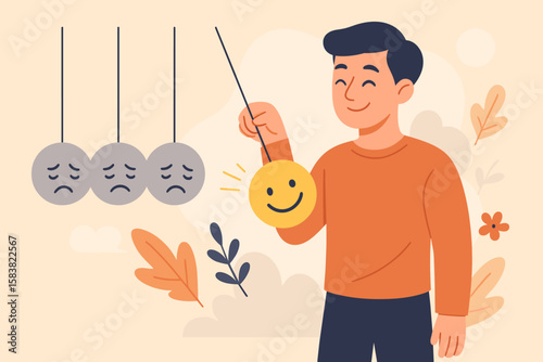 Optimistic Positive Thinking Inspires Others, Emotional Intelligence and Mood Balance, Man Holding Smiling Face Pendulum, Happiness Versus Sadness Concept, Mental Health Illustration