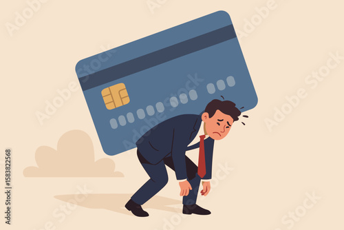 Credit card debt financial problem concept. Frustrated businessman carrying heavy credit card on his back. Loan obligation, overspending expense metaphor. Money trouble.