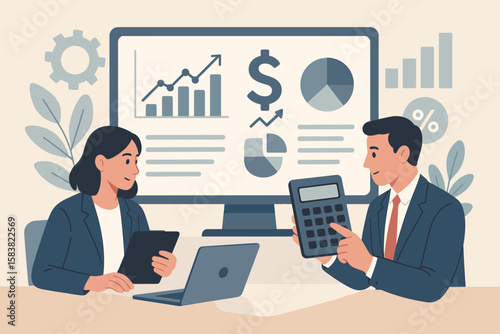 Financial analysis concept with business people working together. Man and woman at desk with dashboard, charts, and calculator for accounting, corporate revenue, and investment.