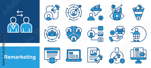 Remarketing icon set with Retargeting, Conversion, Target audience, Customer retention, Display ads, Engagement