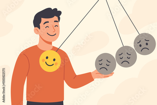 Optimistic Positive Thinking Inspires Others, Emotional Intelligence and Mood Balance, Man Holding Smiling Face Pendulum, Happiness vs Sadness Concept, Mental Health Awareness Illustration
