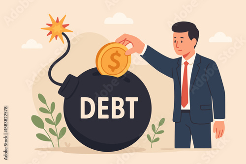Businessman Paying Off Debt, Financial Obligation Relief, Money Decision, Indebtedness Concept, Exploding Debt Bomb, Responsibility to Pay, Borrowing Due, Liability Management, Economic Risk