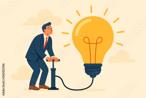 Create new idea, creativity, innovation to solve a problem. Businessman pumps a lightbulb for idea development, invention, imagination, and motivation to find a solution.