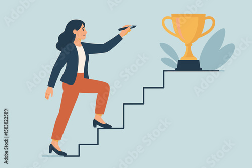 Stair to success and career growth. Businesswoman planning self-improvement and leadership. Motivation for self-made success. Goal achievement and ambition concept.