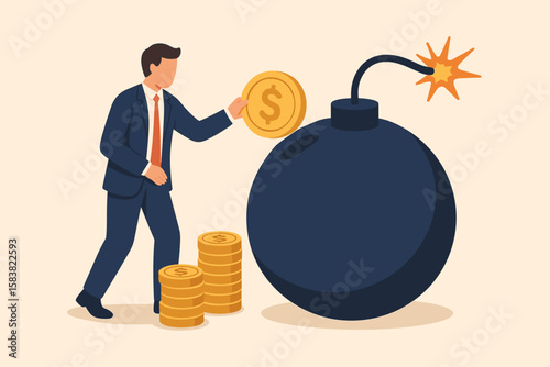 Businessman Paying Off Debt, Financial Obligation, Money Decision, Liability Relief, Indebtedness, Risky Investment, Economic Crisis, Urgent Payment, Financial Danger, Responsibility Concept
