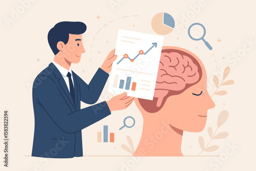 Data scientist analyzing information for business intelligence. Man putting chart in human head with brain. Big data research, knowledge, and genius vector concept.