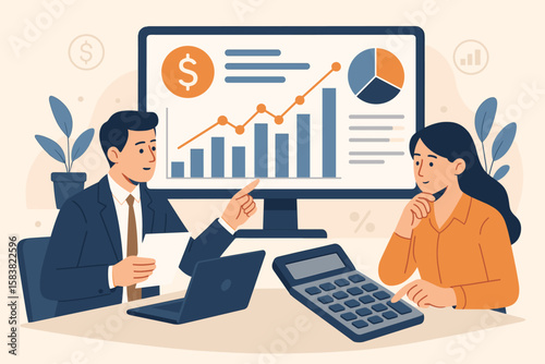 Business team analyzing financial data on dashboard. Concept for accounting, corporate revenue, investment profit, tax audit, budget planning, and marketing strategy.