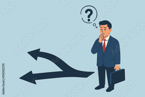 Businessman at a crossroads facing a difficult choice about career path or business strategy. Concept of doubt, uncertainty, confusion, and making a crucial decision.