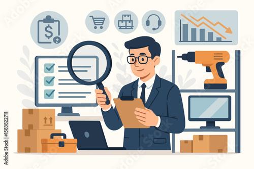 Businessman with magnifying glass analyzes e-commerce business. Quality control, inventory management, and logistics. Data analysis for growth. Operations optimization concept.