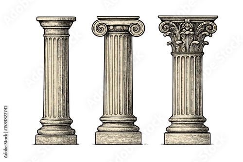 Ancient Greek columns set. Doric, Ionic, Corinthian orders. Classic architectural pillars. Vintage engraving style vector illustration isolated on transparent background.