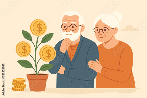 Senior Retirement Planning, Pension Fund Investment, 401k Savings, Financial Security for Elderly Couples, Wealth Growth, Money Management, Golden Years Income, Senior Couple Concept