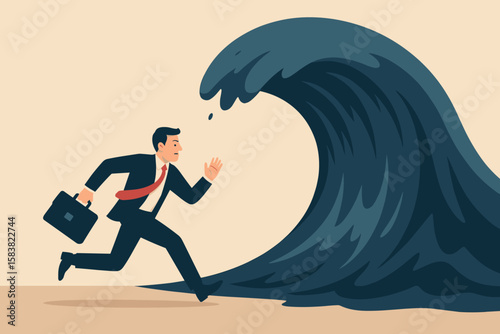 Businessman runs from huge tsunami wave. Metaphor for business crisis, financial risk, and recession. Challenge, adversity, survival, and escape from danger and uncertainty.