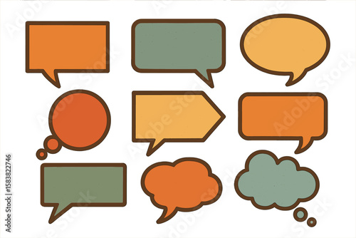 Retro Speech Bubbles and Thought Boxes Vector Set. Vintage Comic Style Chat Balloons, Text Boxes, and Dialogue Clouds. Colorful Hand-Drawn Communication Elements for Messages, Social Media, and Design