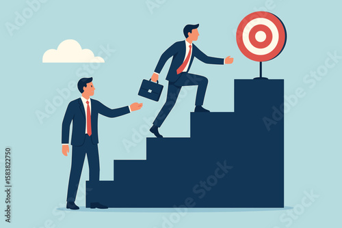 Leadership and mentorship for career success. Manager helps employee climb stairs to reach goal. Business support, guidance, and teamwork for professional growth and achievement.